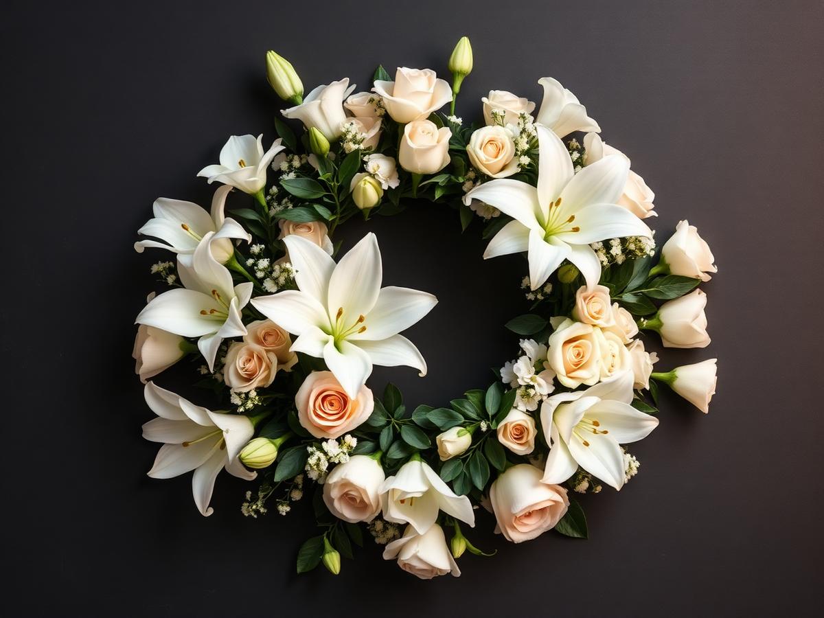 White lily and rose funeral wreath on a dark background