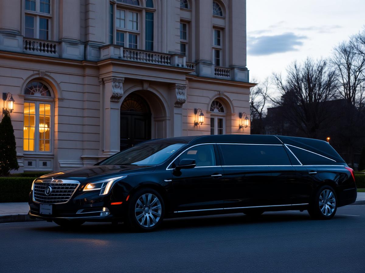 Black luxury hearse parked outside an elegant building