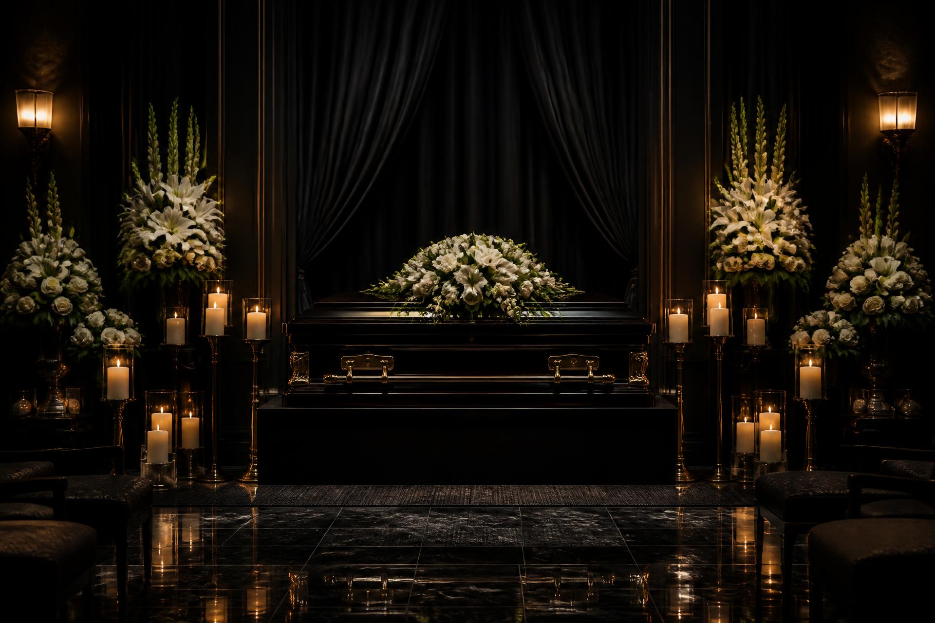 Candlelit funeral chapel with white lily arrangements